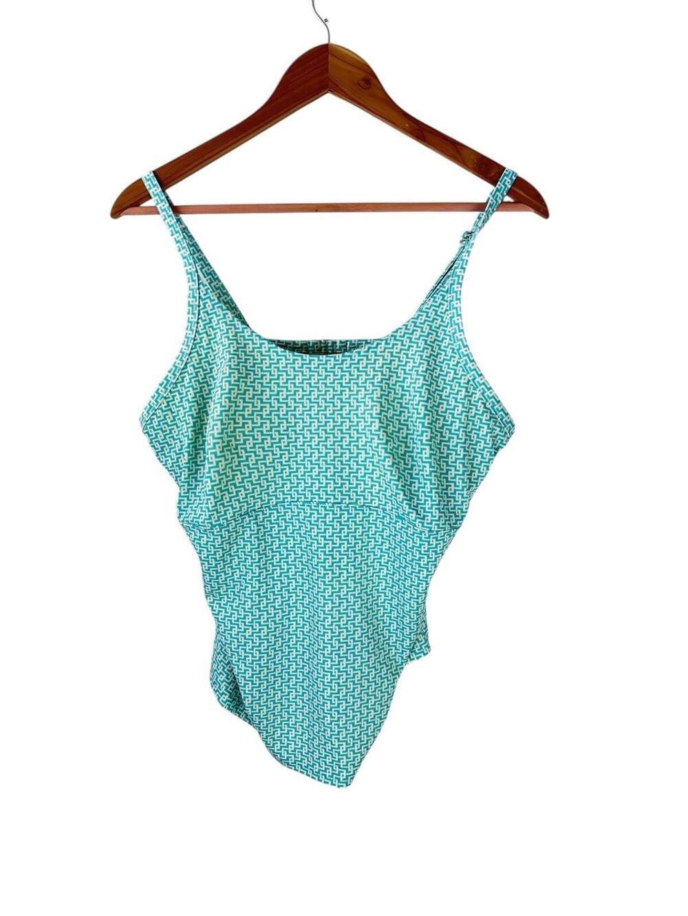 Lands End Womens Tankini Swim Top Green White Print Underwire Adj Straps 14D